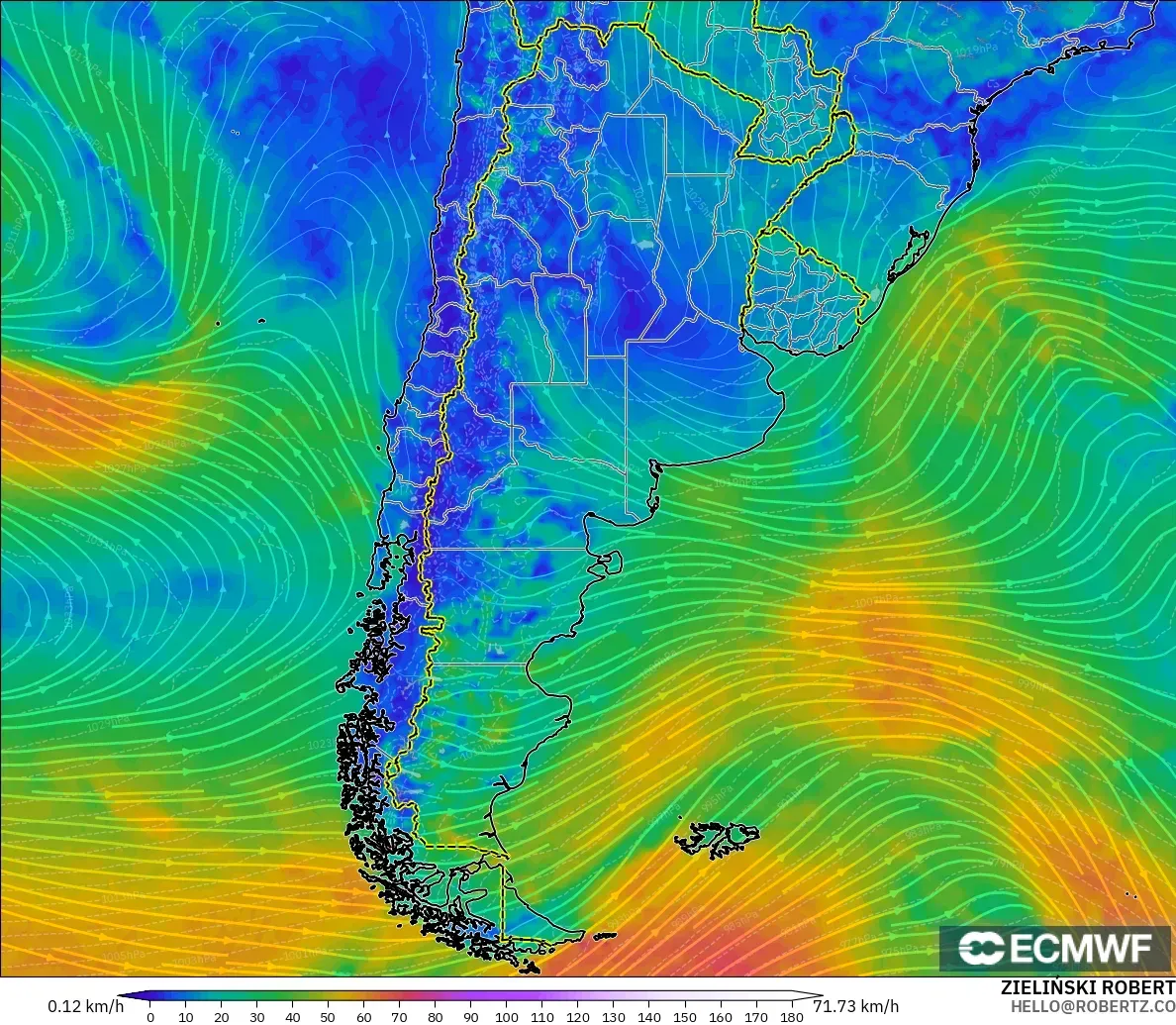 ECMWF IFS 0,25° modelo - Argentina, Vento a 10 m