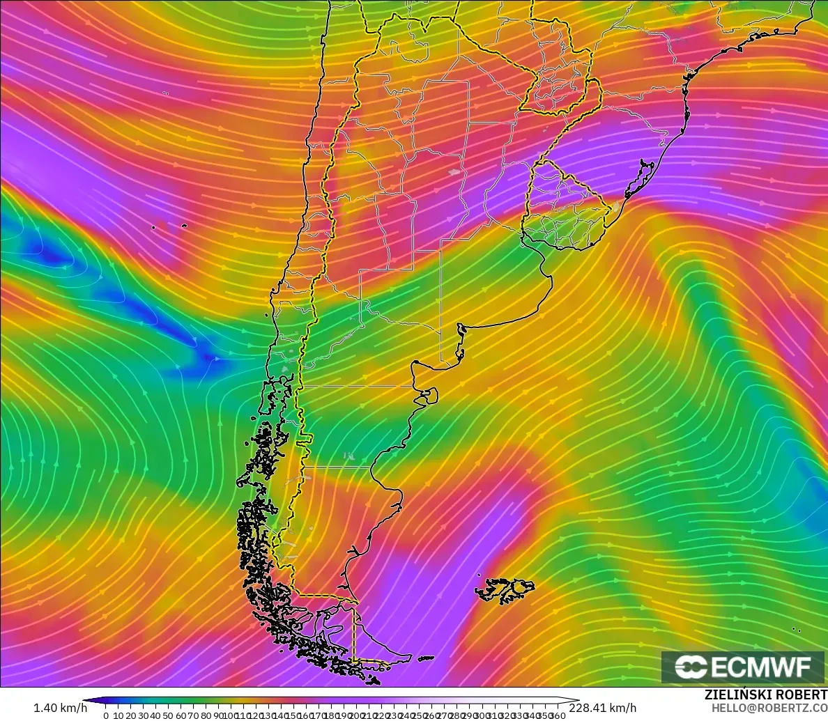 ECMWF IFS 0,25° modelo - Argentina, Vento a 300 hPa (corrente em jato)