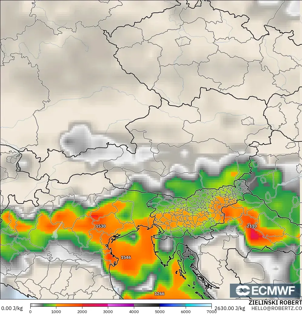 ECMWF IFS 0,25° modelo - Áustria, CAPE