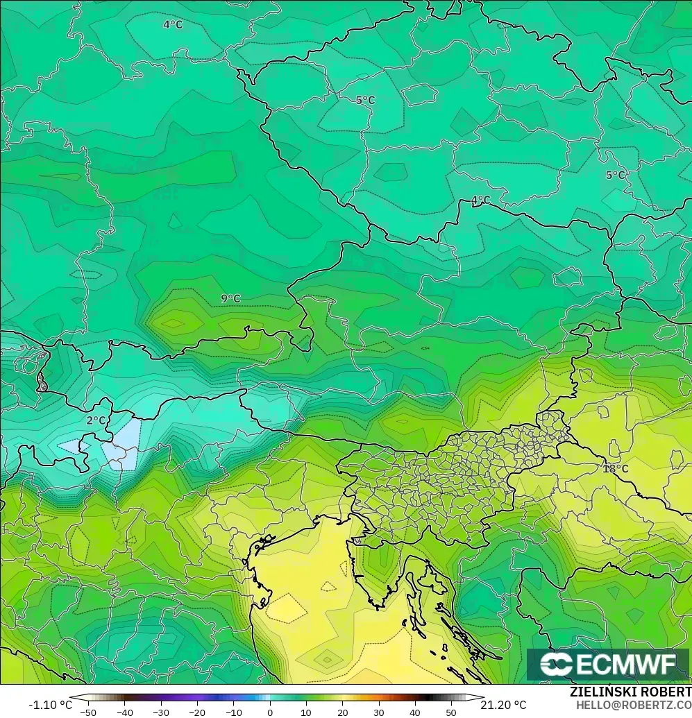 ECMWF IFS 0,25° modelo - Áustria, Ponto de orvalho a 2 m