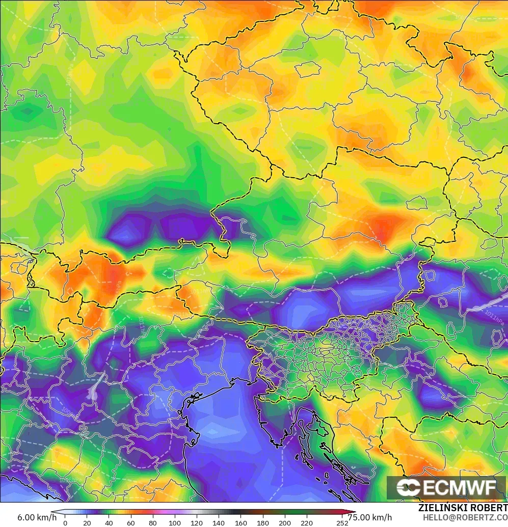 ECMWF IFS 0,25° modelo - Áustria, Rajadas de Vento Máximas