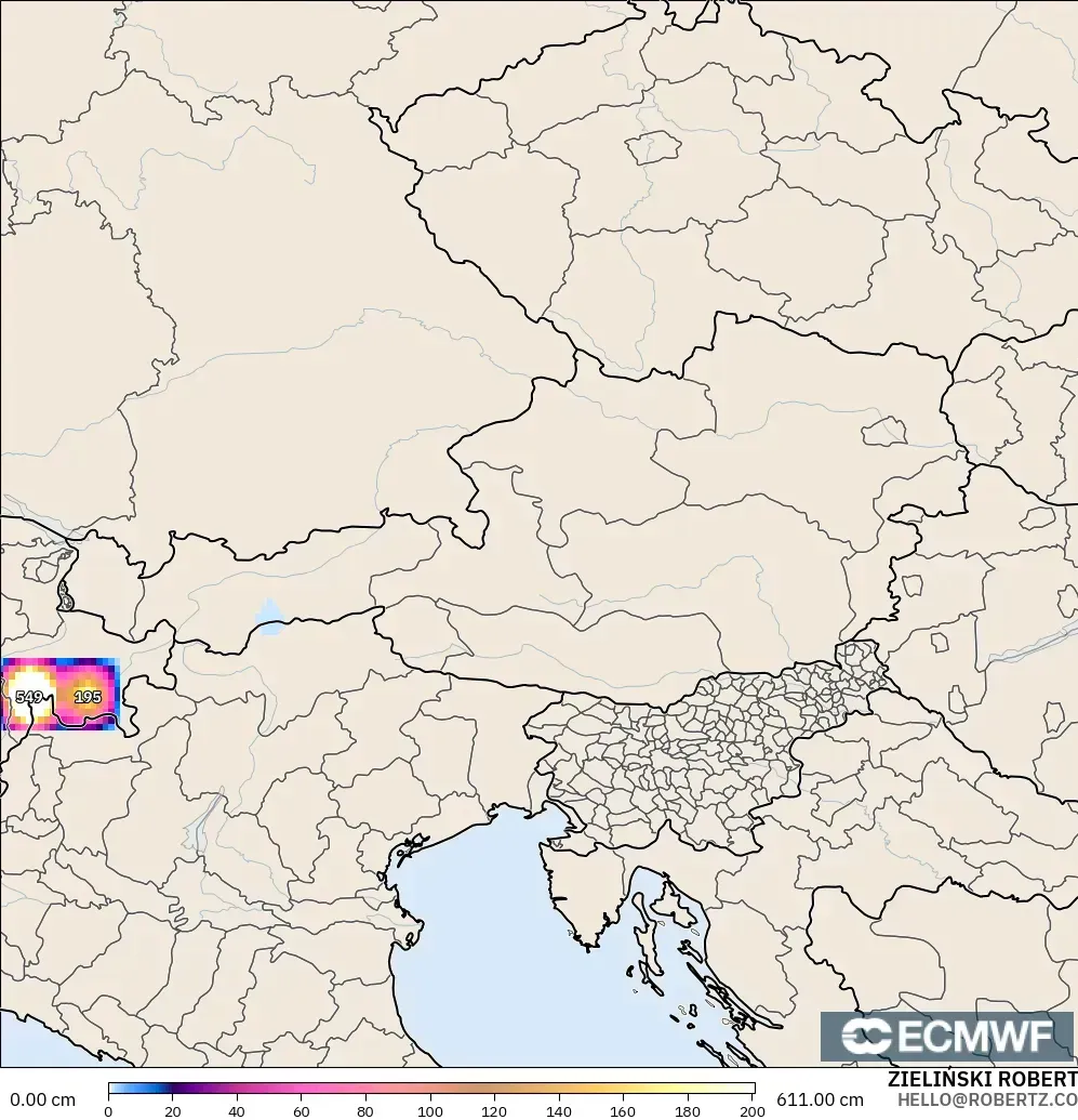 ECMWF IFS 0,25° modelo - Áustria, Profundidade da neve