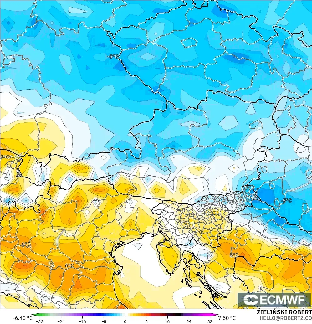 ECMWF IFS 0,25° modelo - Áustria, Anomalia de temperatura a 2 m