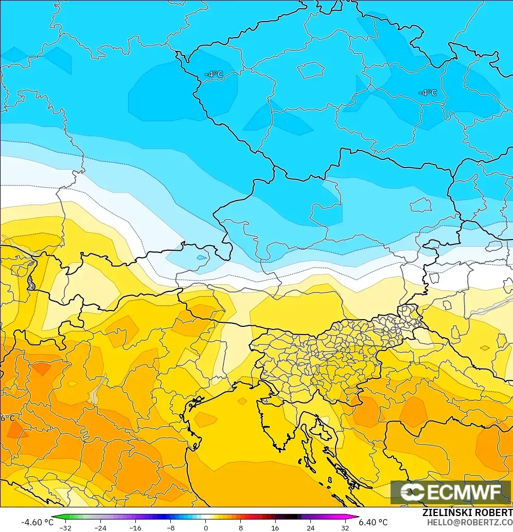 ECMWF IFS 0,25° modelo - Áustria, Anomalia de temperatura a 850 hPa