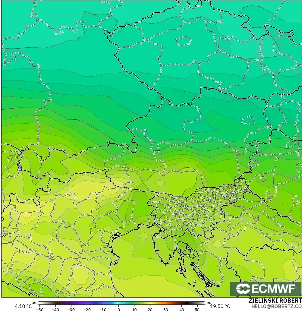 ECMWF IFS 0,25° modelo - Áustria, Temperatura a 850 hPa