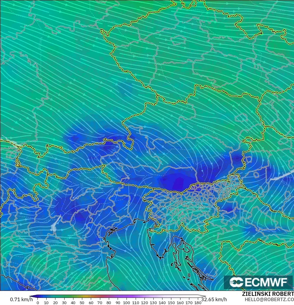 ECMWF IFS 0,25° modelo - Áustria, Vento a 10 m