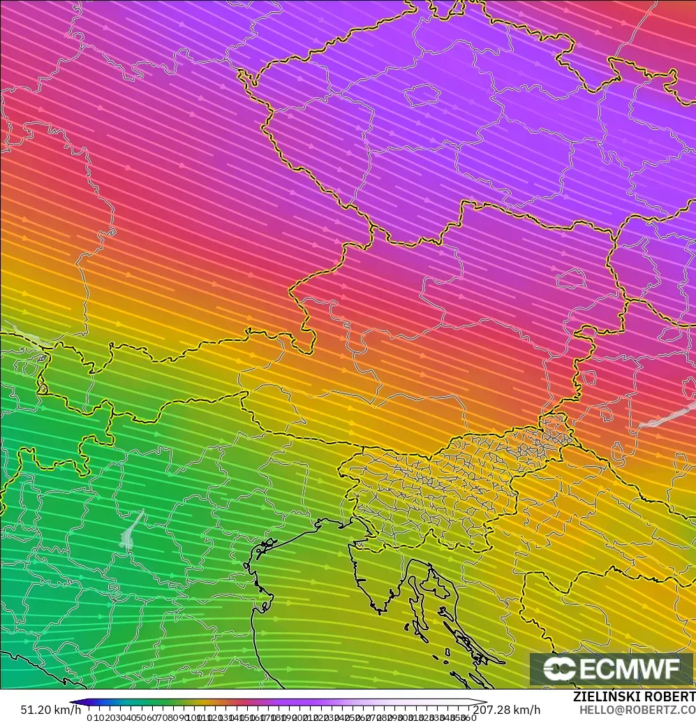 ECMWF IFS 0,25° modelo - Áustria, Vento a 300 hPa (corrente em jato)