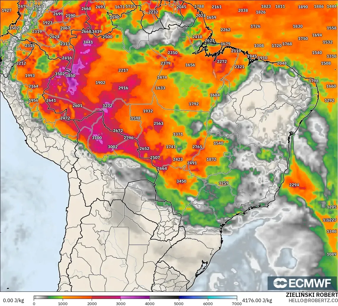 ECMWF IFS 0,25° modelo - Brasil, CAPE