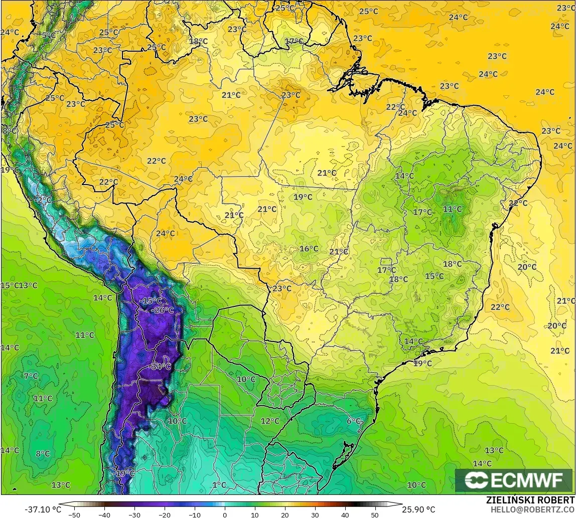 ECMWF IFS 0,25° modelo - Brasil, Ponto de orvalho a 2 m
