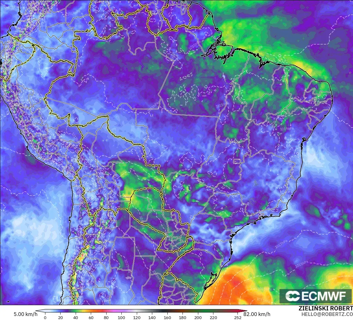 ECMWF IFS 0,25° modelo - Brasil, Rajadas de Vento Máximas