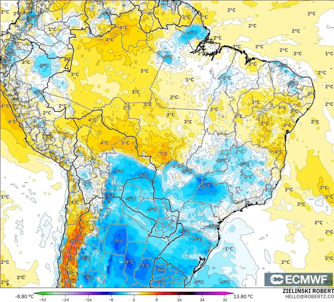 ECMWF IFS 0,25° modelo - Brasil, Anomalia de temperatura a 2 m