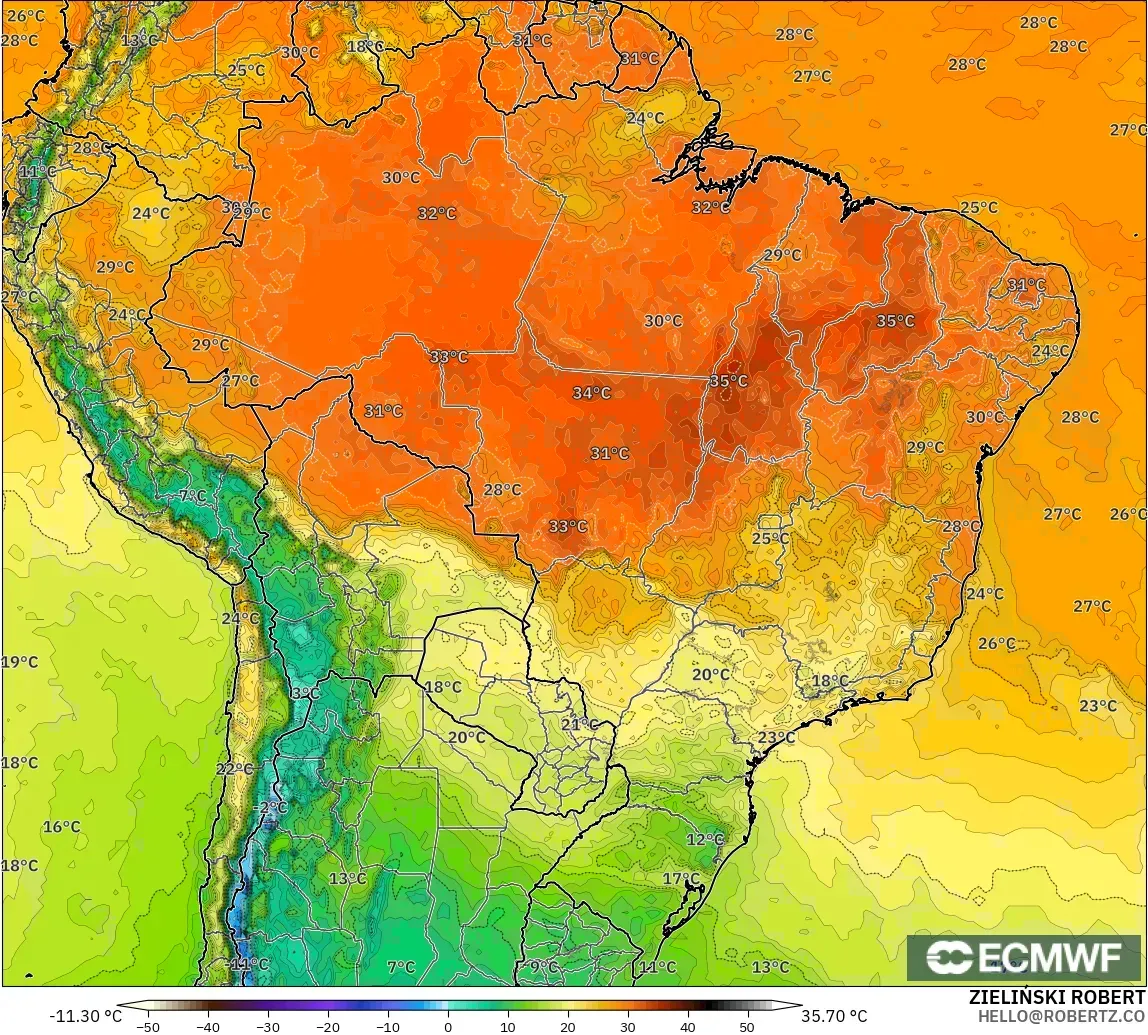 ECMWF IFS 0,25° modelo - Brasil, Temperatura a 2 m