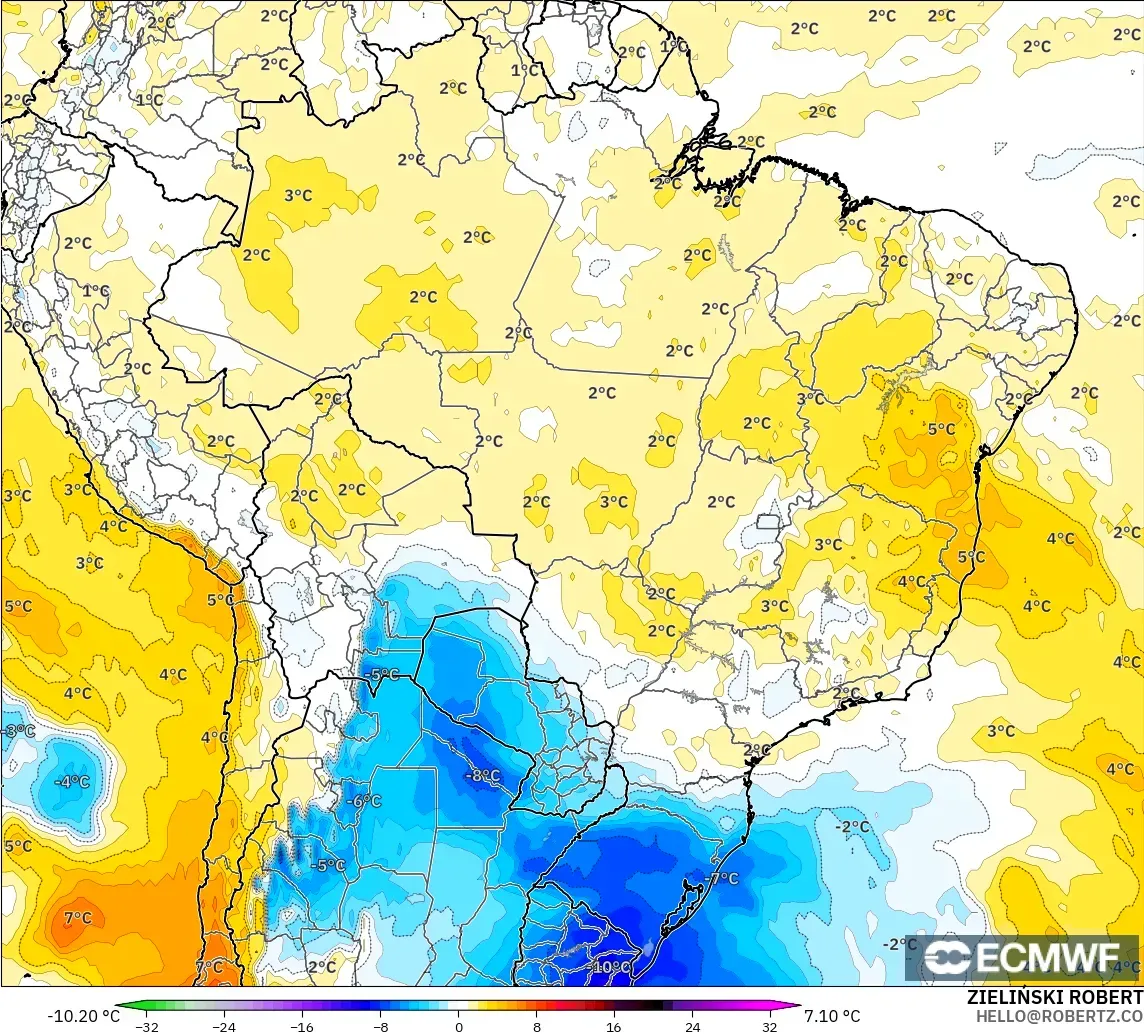 ECMWF IFS 0,25° modelo - Brasil, Anomalia de temperatura a 850 hPa