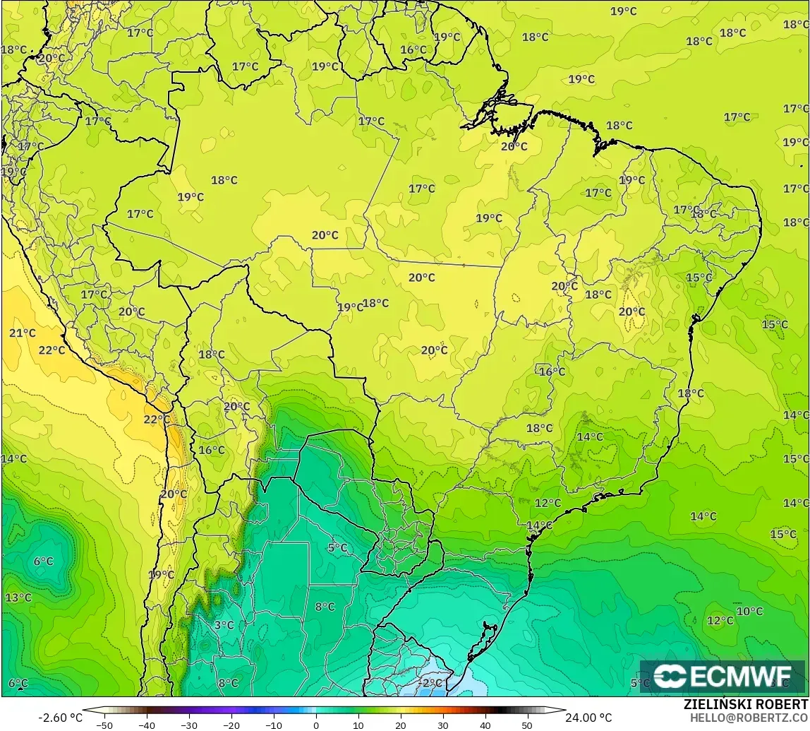 ECMWF IFS 0,25° modelo - Brasil, Temperatura a 850 hPa