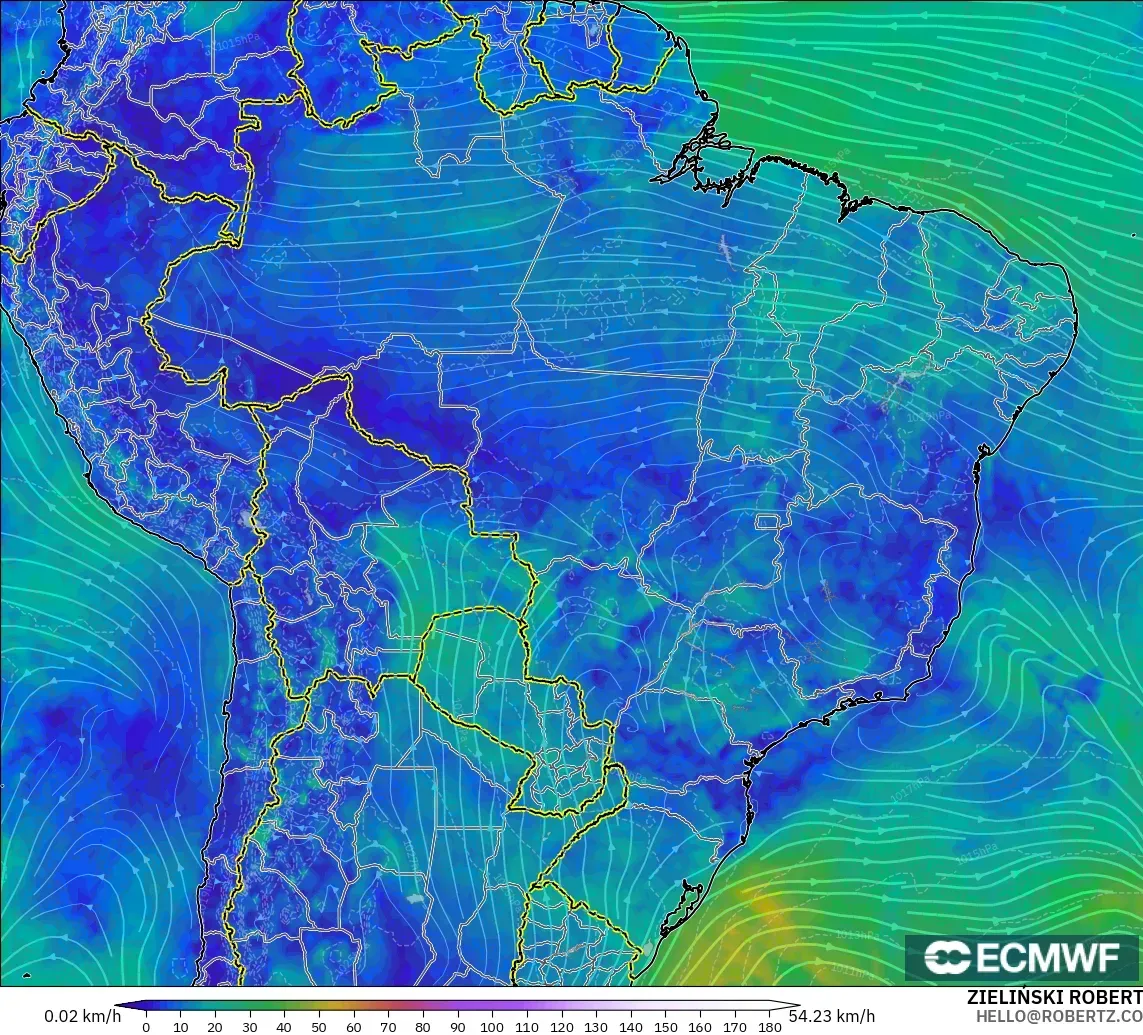 ECMWF IFS 0,25° modelo - Brasil, Vento a 10 m