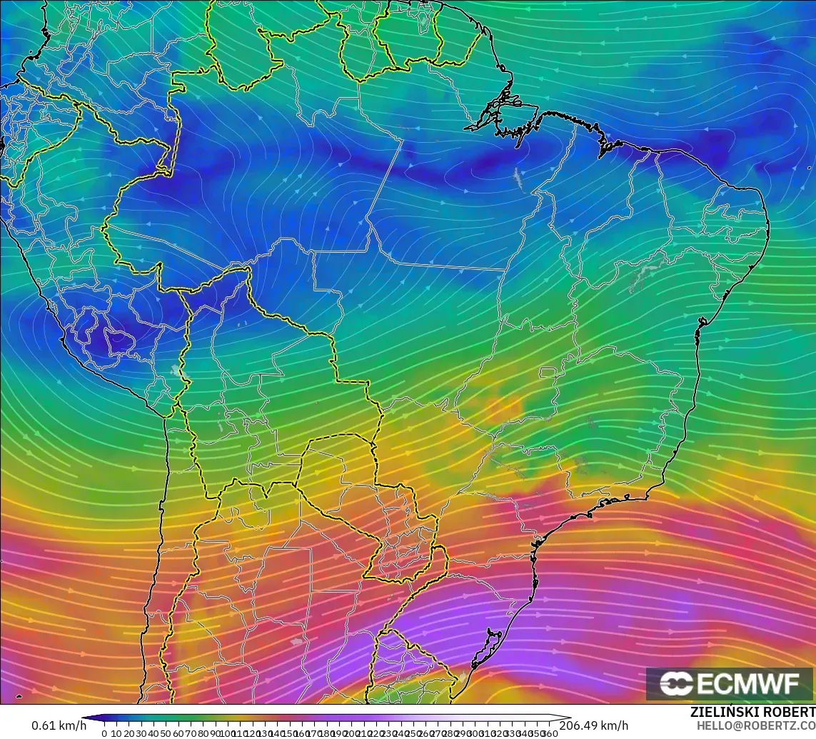 ECMWF IFS 0,25° modelo - Brasil, Vento a 300 hPa (corrente em jato)