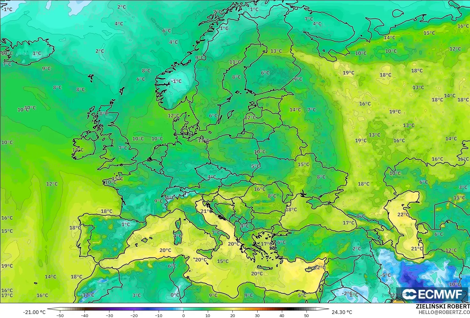 ECMWF IFS 0,25° modelo - Europa, Ponto de orvalho a 2 m