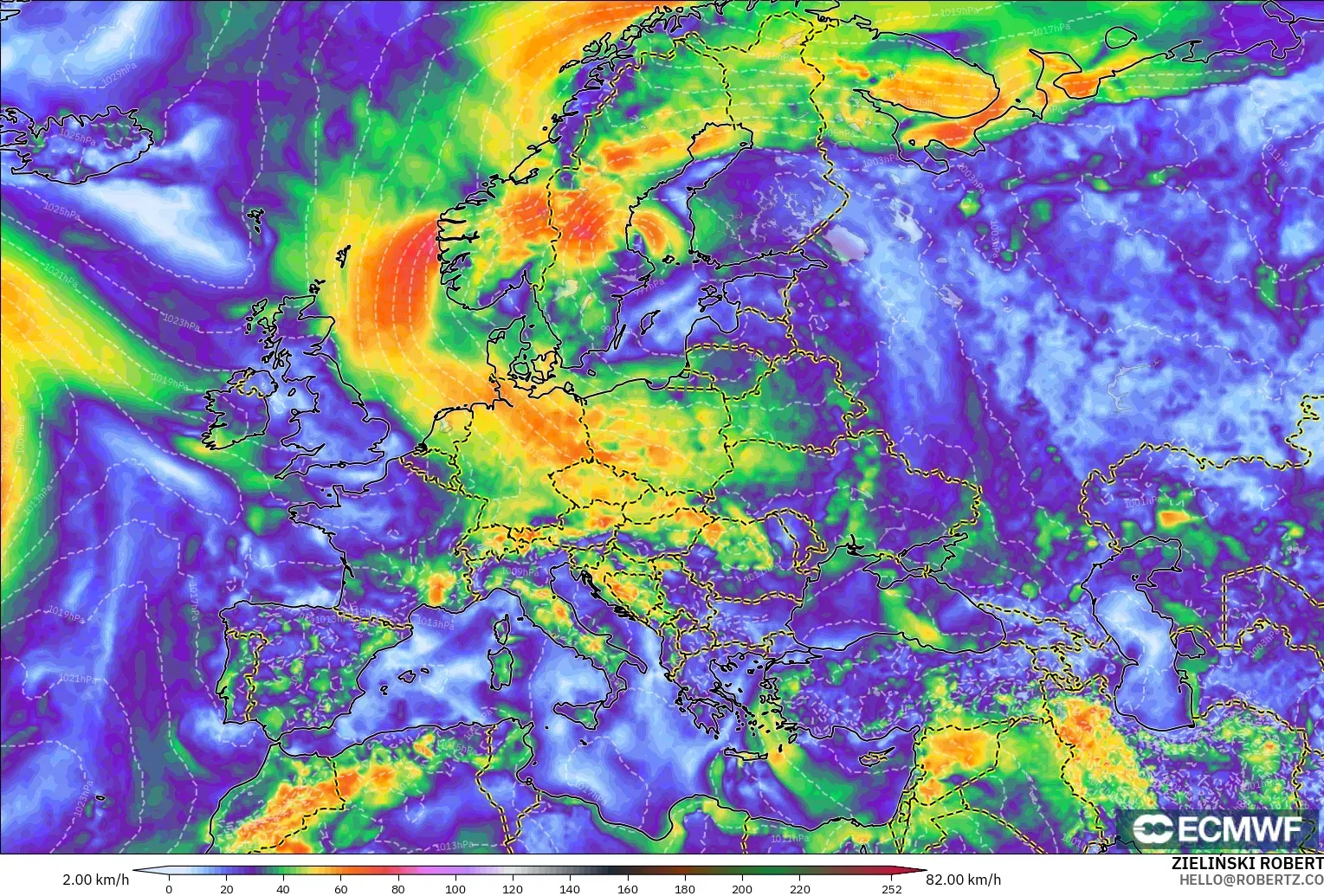 ECMWF IFS 0,25° modelo - Europa, Rajadas de Vento Máximas