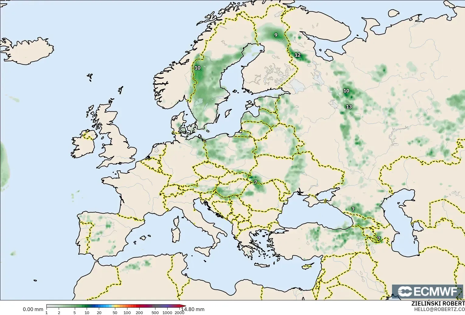ECMWF IFS 0,25° modelo - Europa, Acúmulo de precipitação