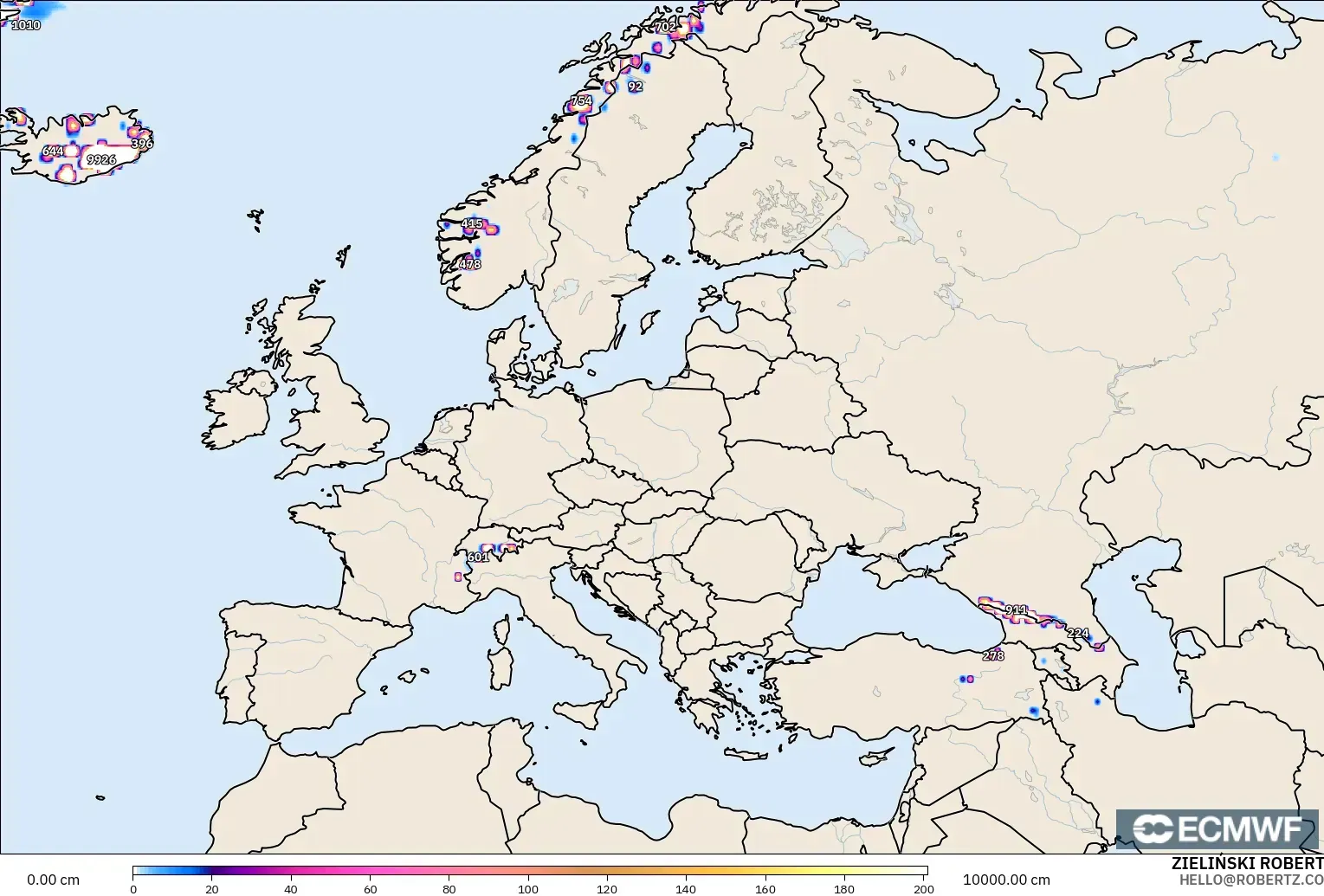 ECMWF IFS 0,25° modelo - Europa, Profundidade da neve