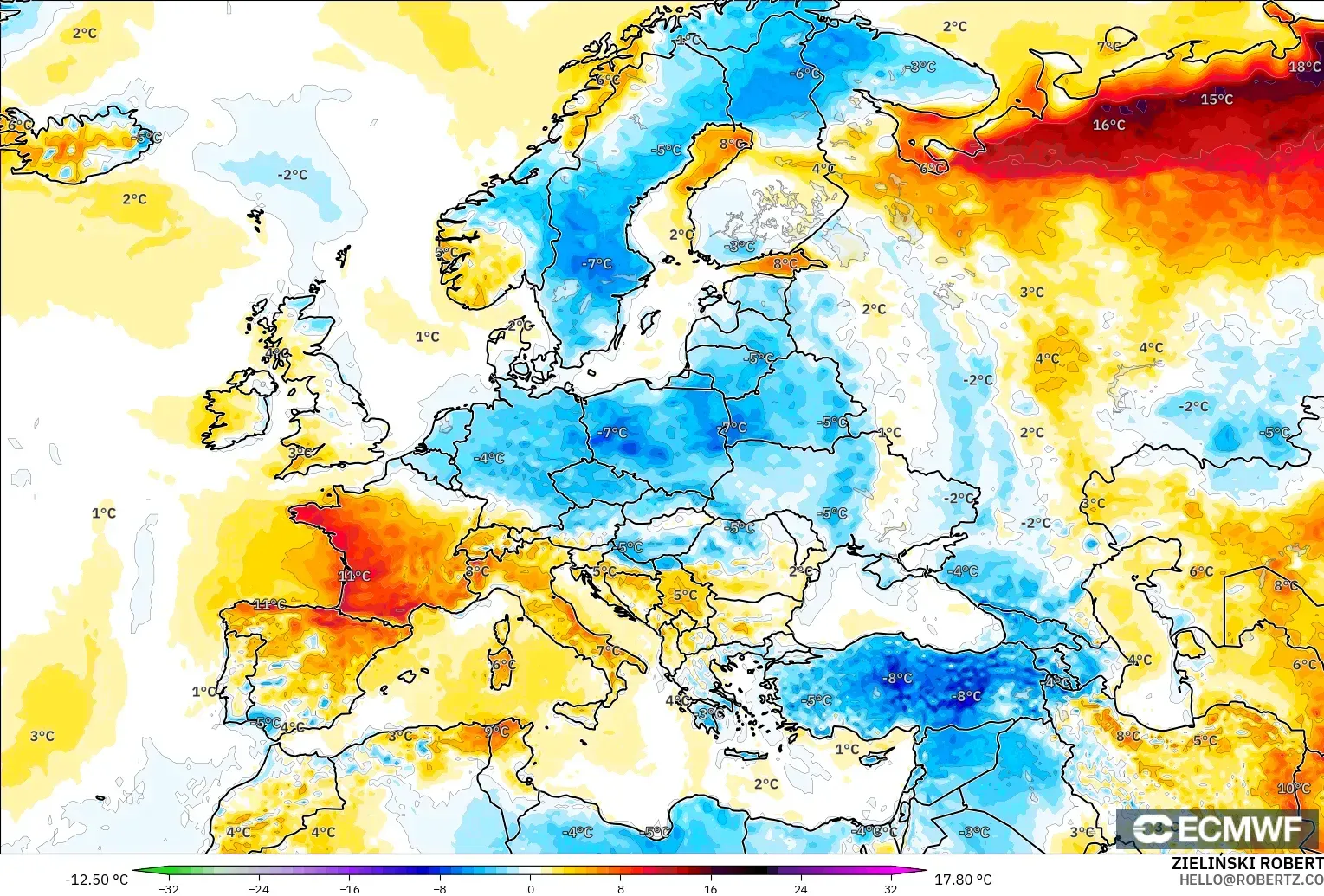 ECMWF IFS 0,25° modelo - Europa, Anomalia de temperatura a 2 m