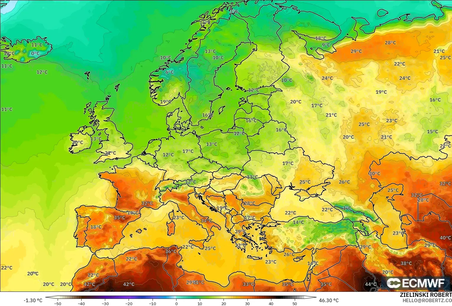 ECMWF IFS 0,25° modelo - Europa, Temperatura a 2 m