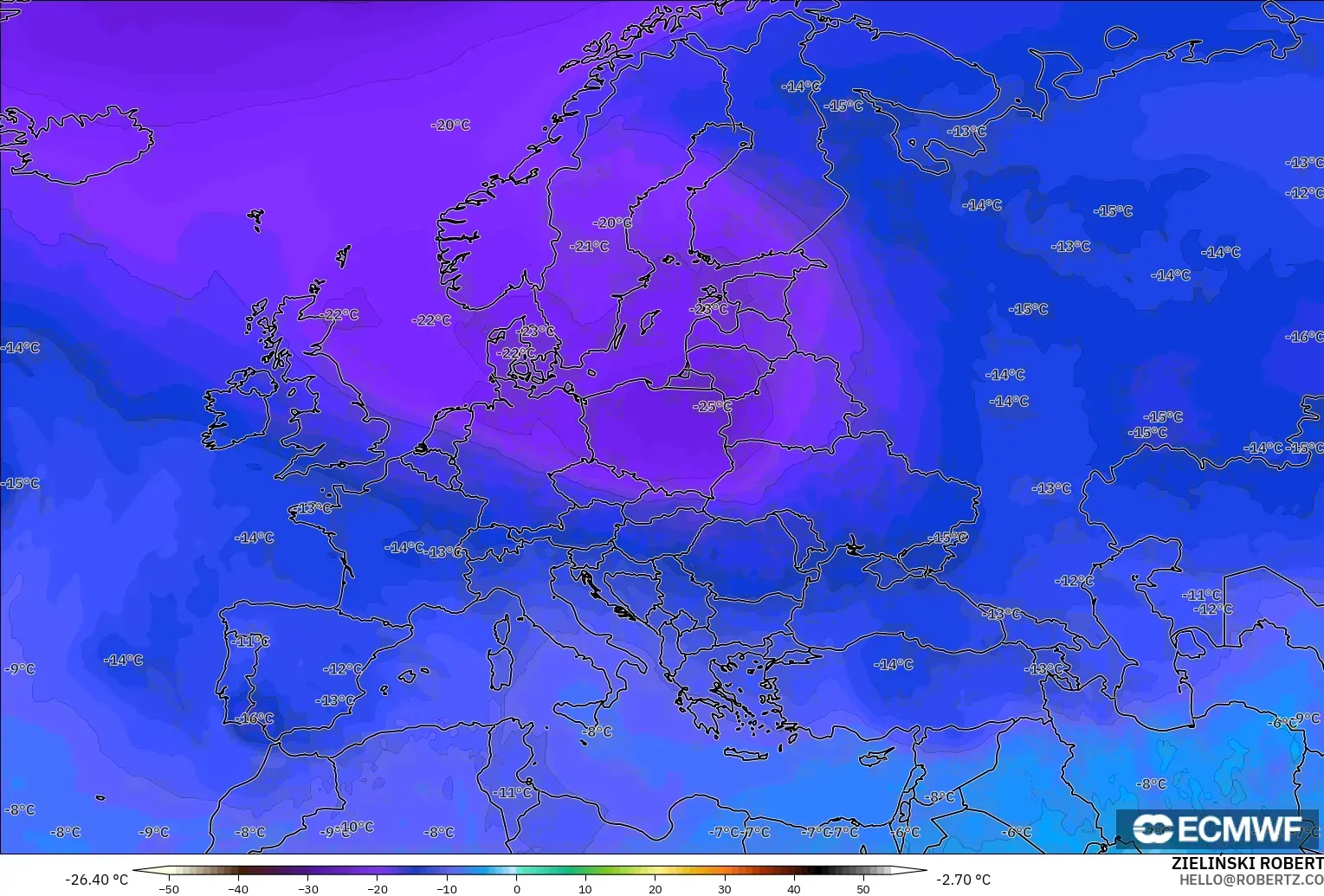 ECMWF IFS 0,25° modelo - Europa, Temperatura a 500 hPa
