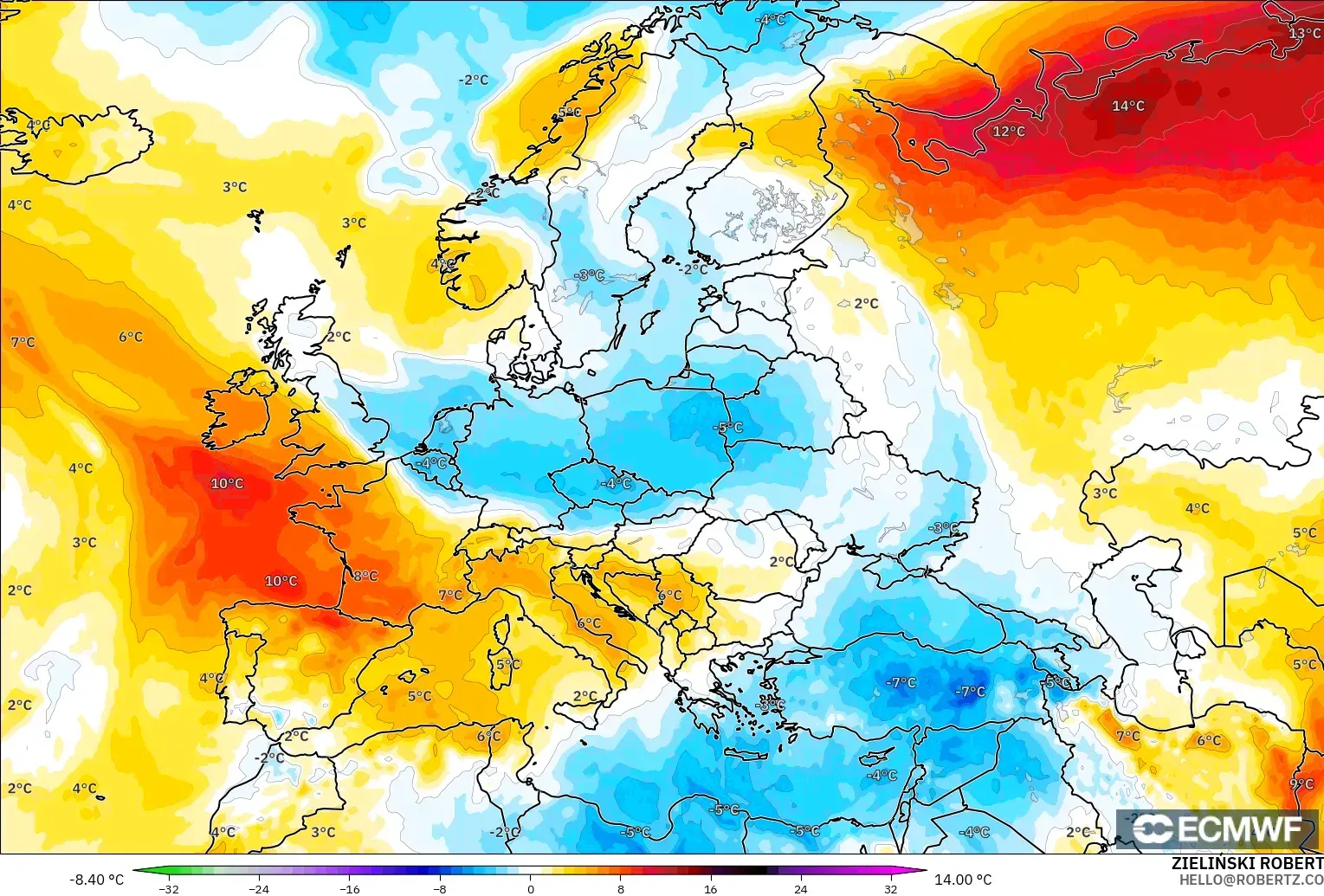 ECMWF IFS 0,25° modelo - Europa, Anomalia de temperatura a 850 hPa