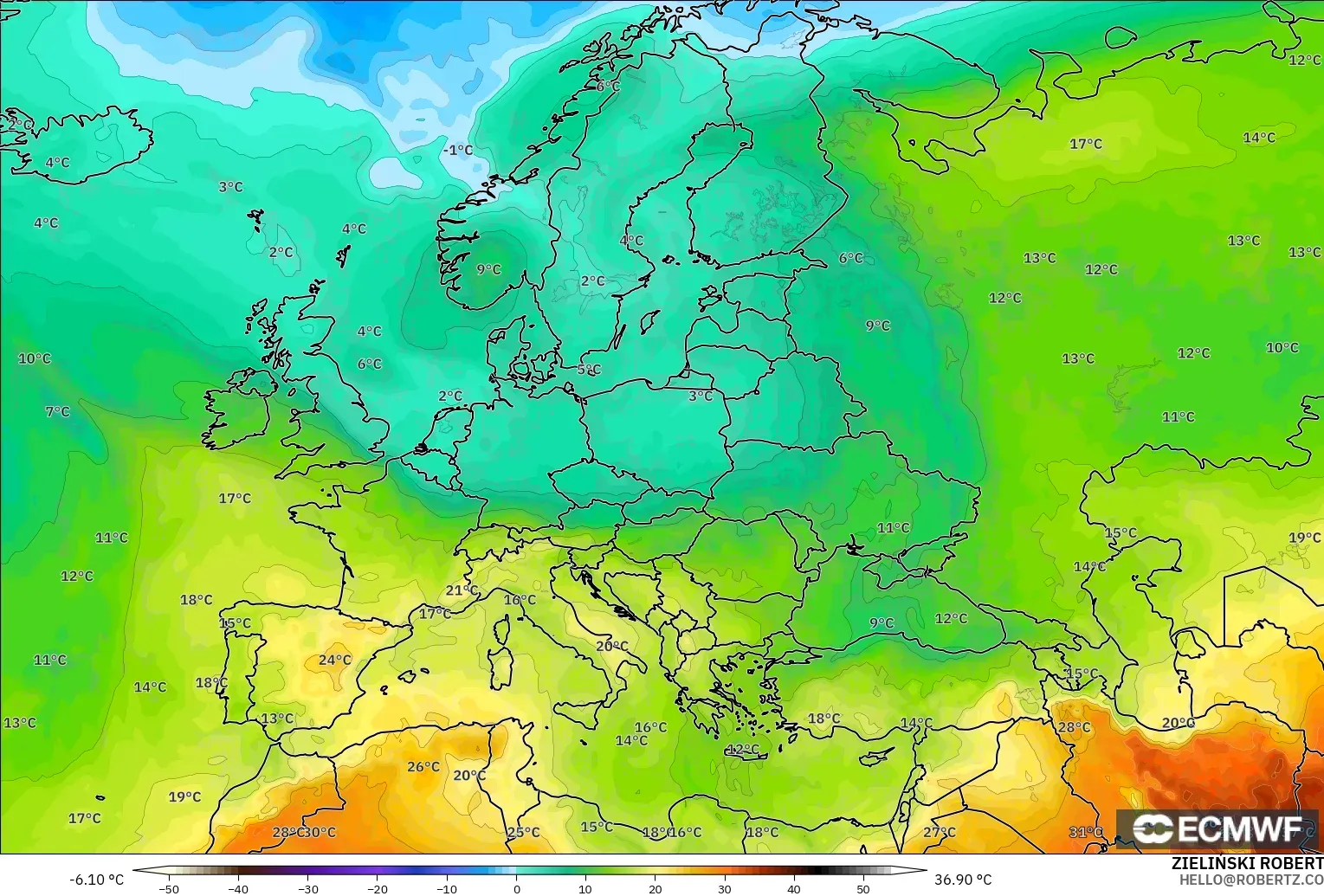 ECMWF IFS 0,25° modelo - Europa, Temperatura a 850 hPa