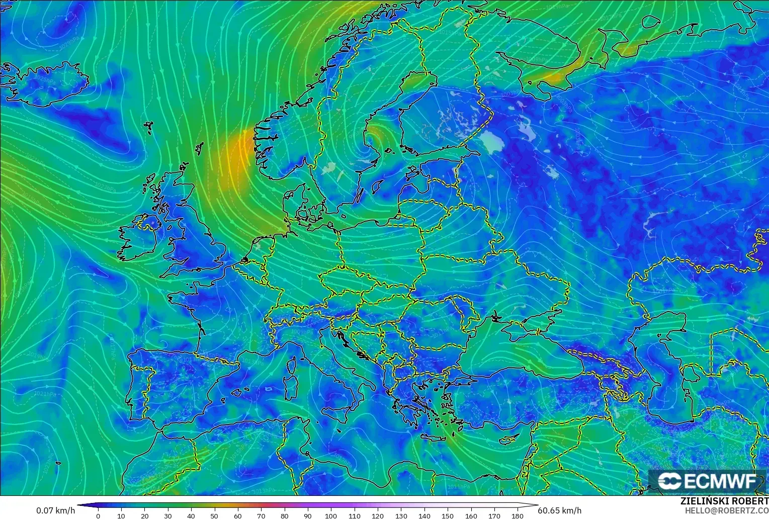 ECMWF IFS 0,25° modelo - Europa, Vento a 10 m