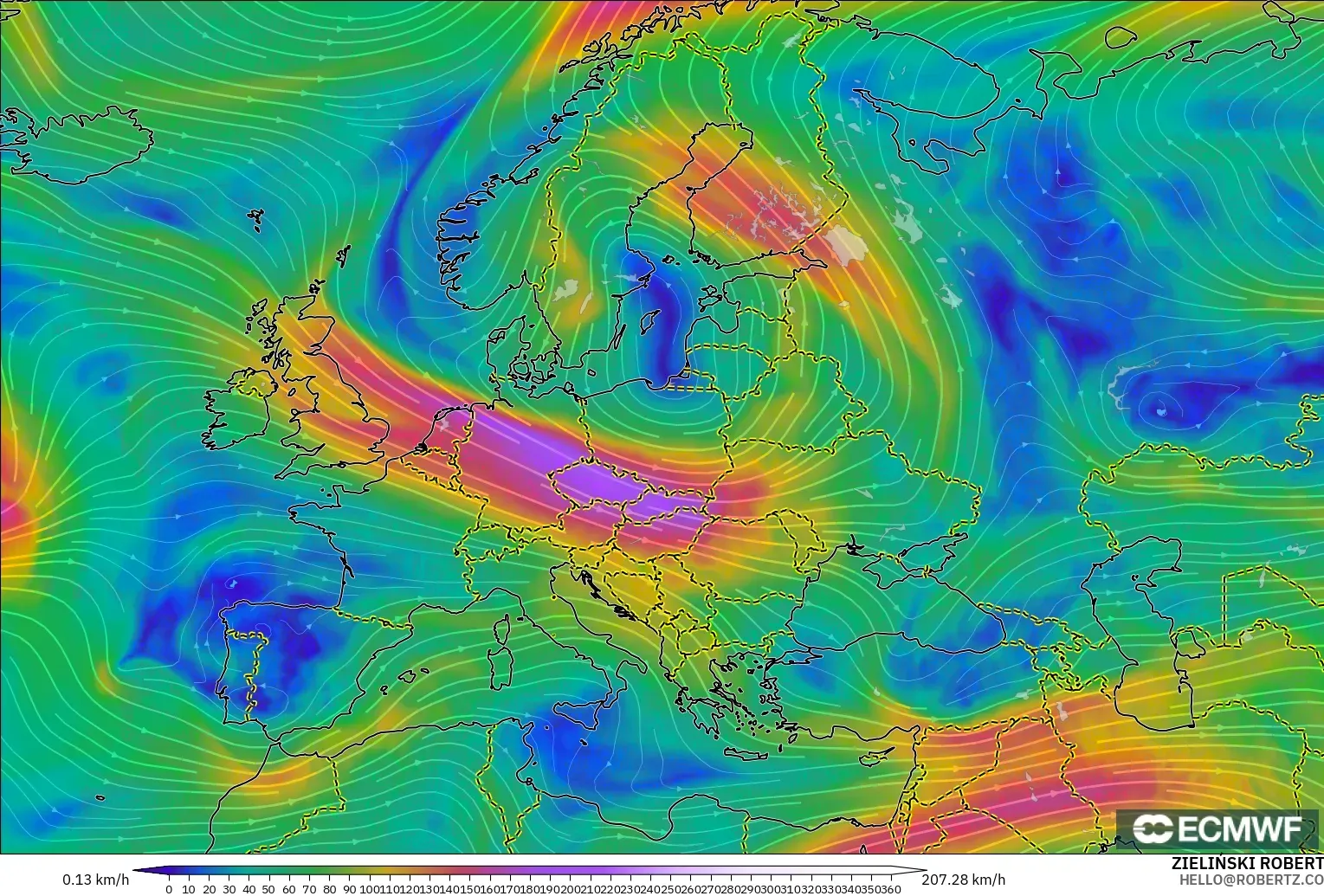 ECMWF IFS 0,25° modelo - Europa, Vento a 300 hPa (corrente em jato)