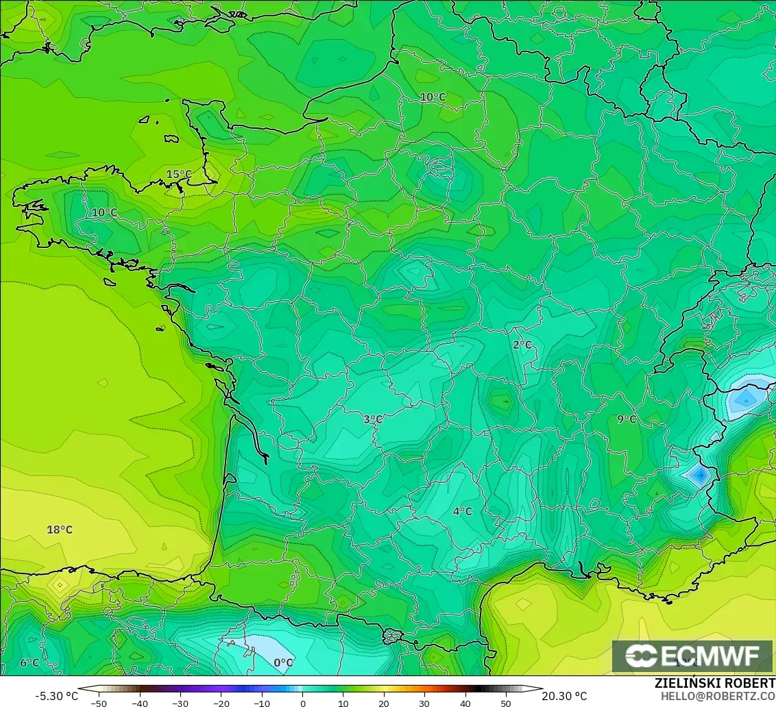 ECMWF IFS 0,25° modelo - França, Ponto de orvalho a 2 m
