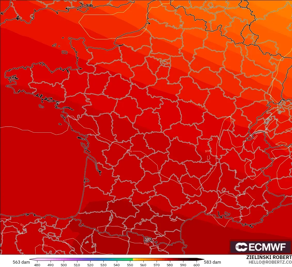 ECMWF IFS 0,25° modelo - França, Altura geopotencial a 500 hPa
