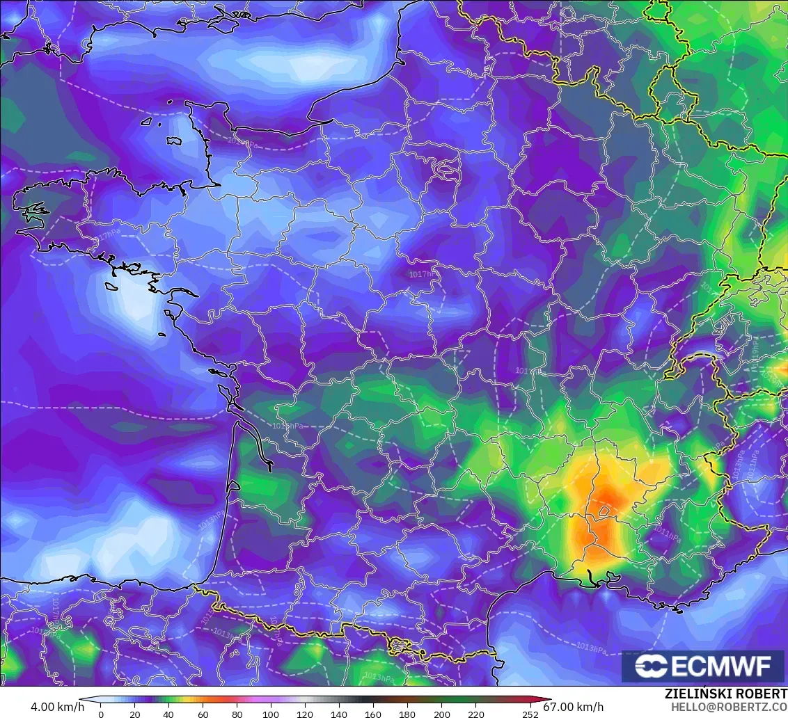 ECMWF IFS 0,25° modelo - França, Rajadas de vento