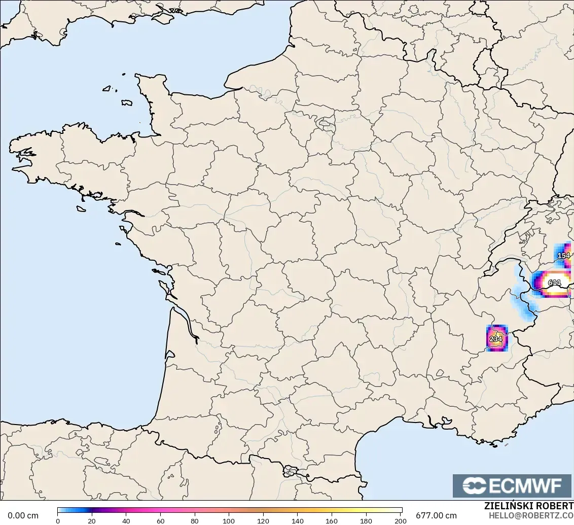 ECMWF IFS 0,25° modelo - França, Profundidade da neve