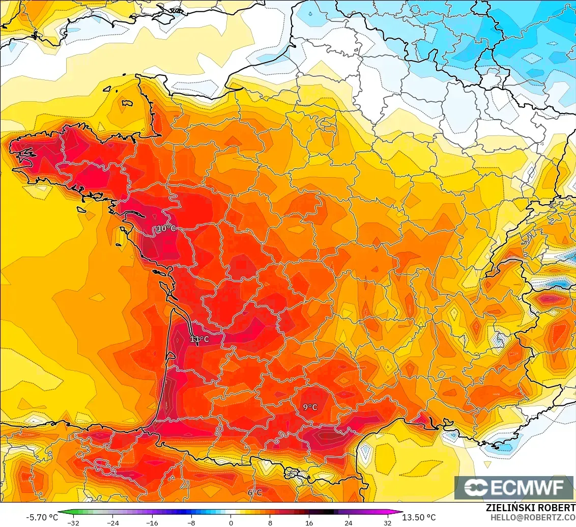 ECMWF IFS 0,25° modelo - França, Anomalia de temperatura a 2 m