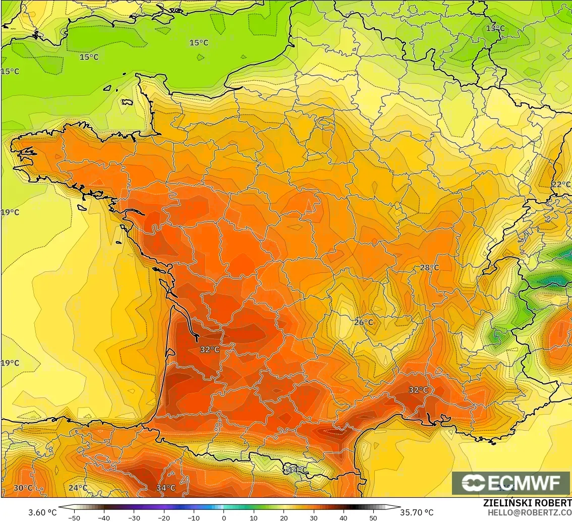 ECMWF IFS 0,25° modelo - França, Temperatura a 2 m