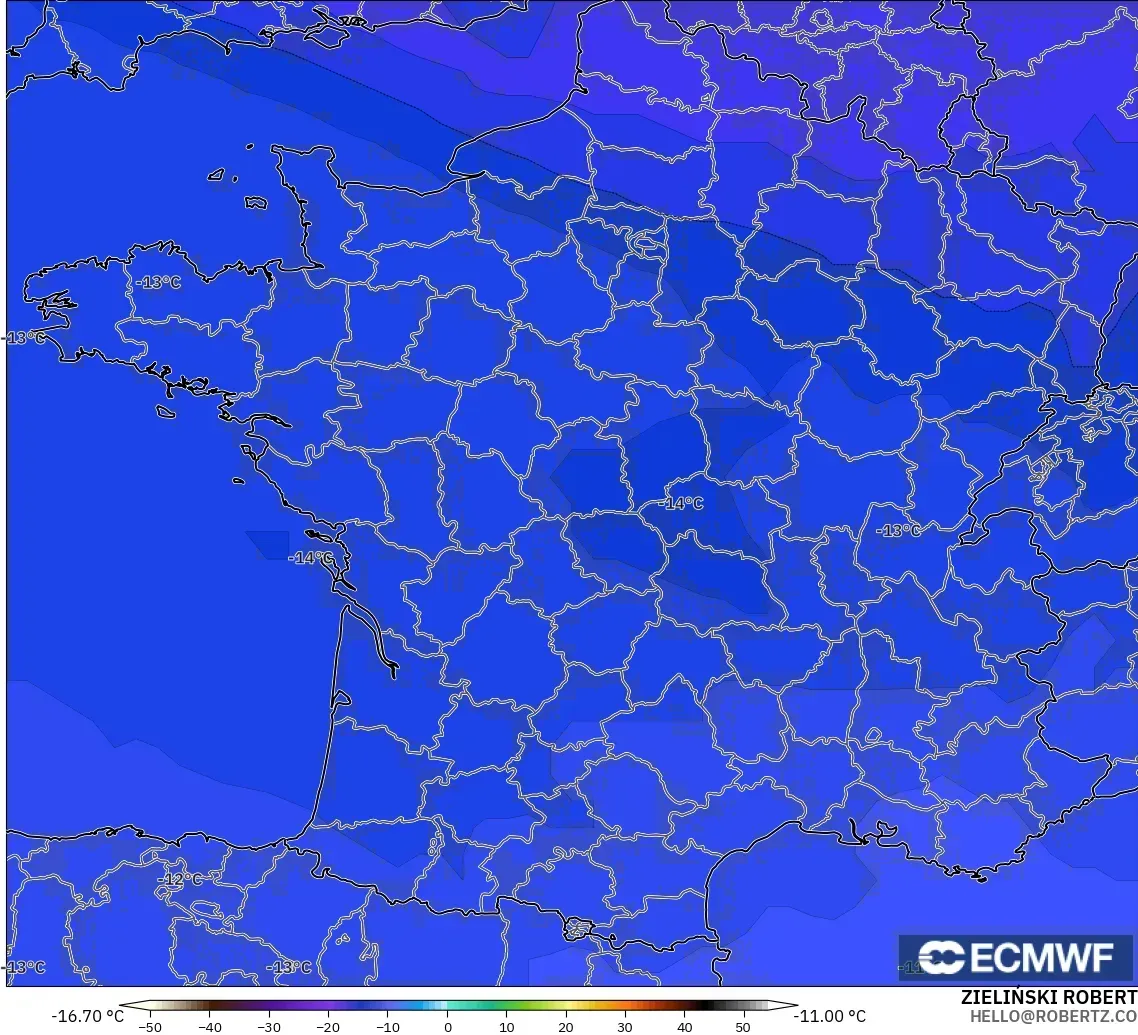 ECMWF IFS 0,25° modelo - França, Temperatura a 500 hPa