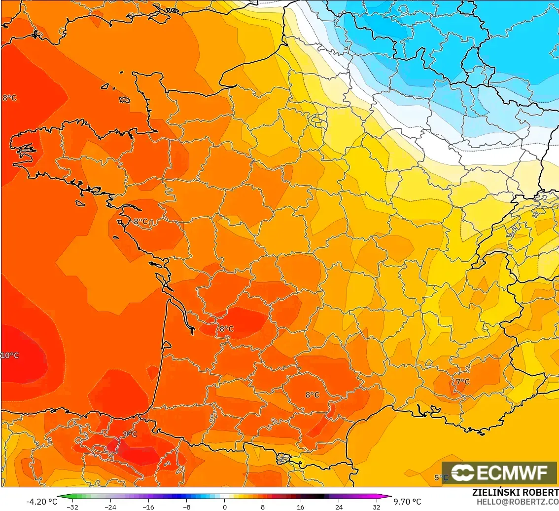 ECMWF IFS 0,25° modelo - França, Anomalia de temperatura a 850 hPa