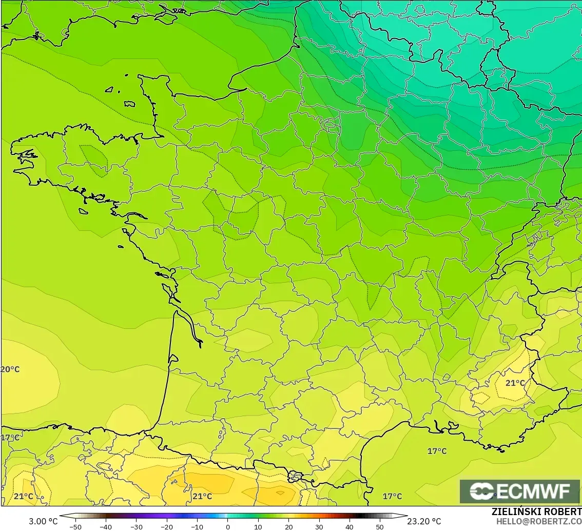 ECMWF IFS 0,25° modelo - França, Temperatura a 850 hPa