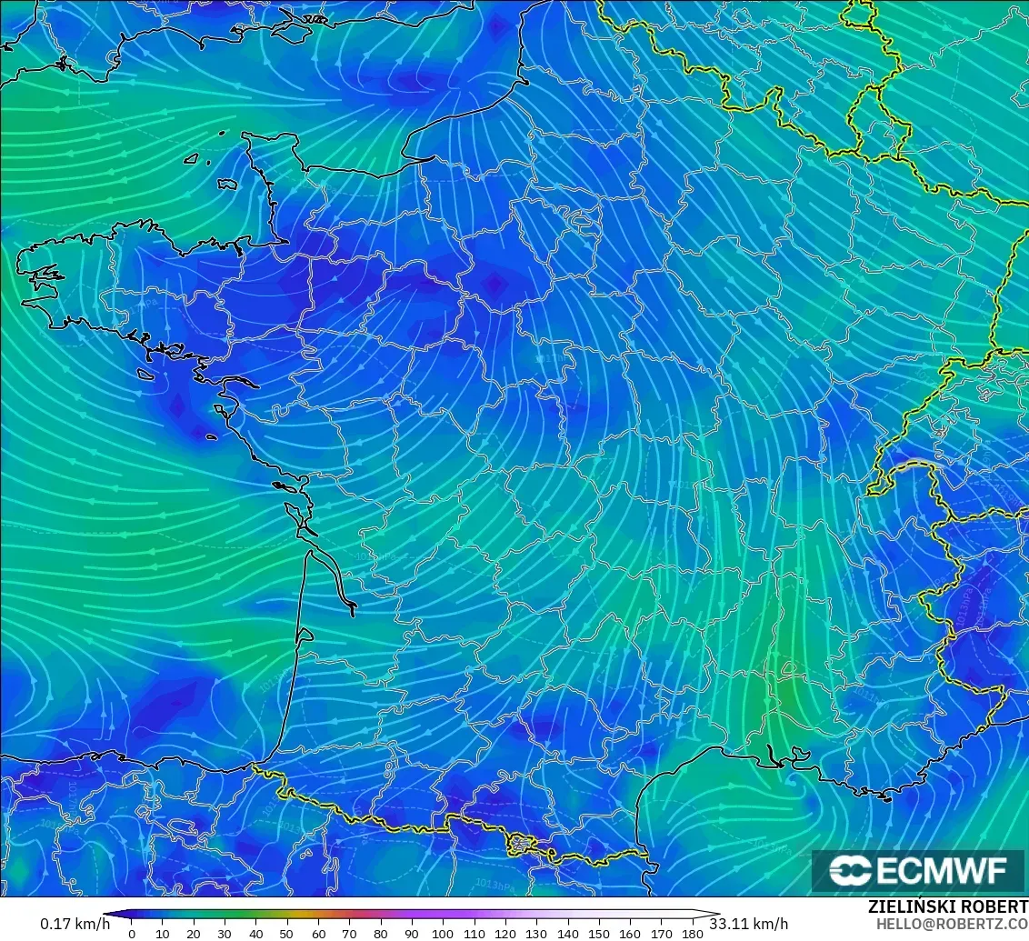 ECMWF IFS 0,25° modelo - França, Vento a 10 m