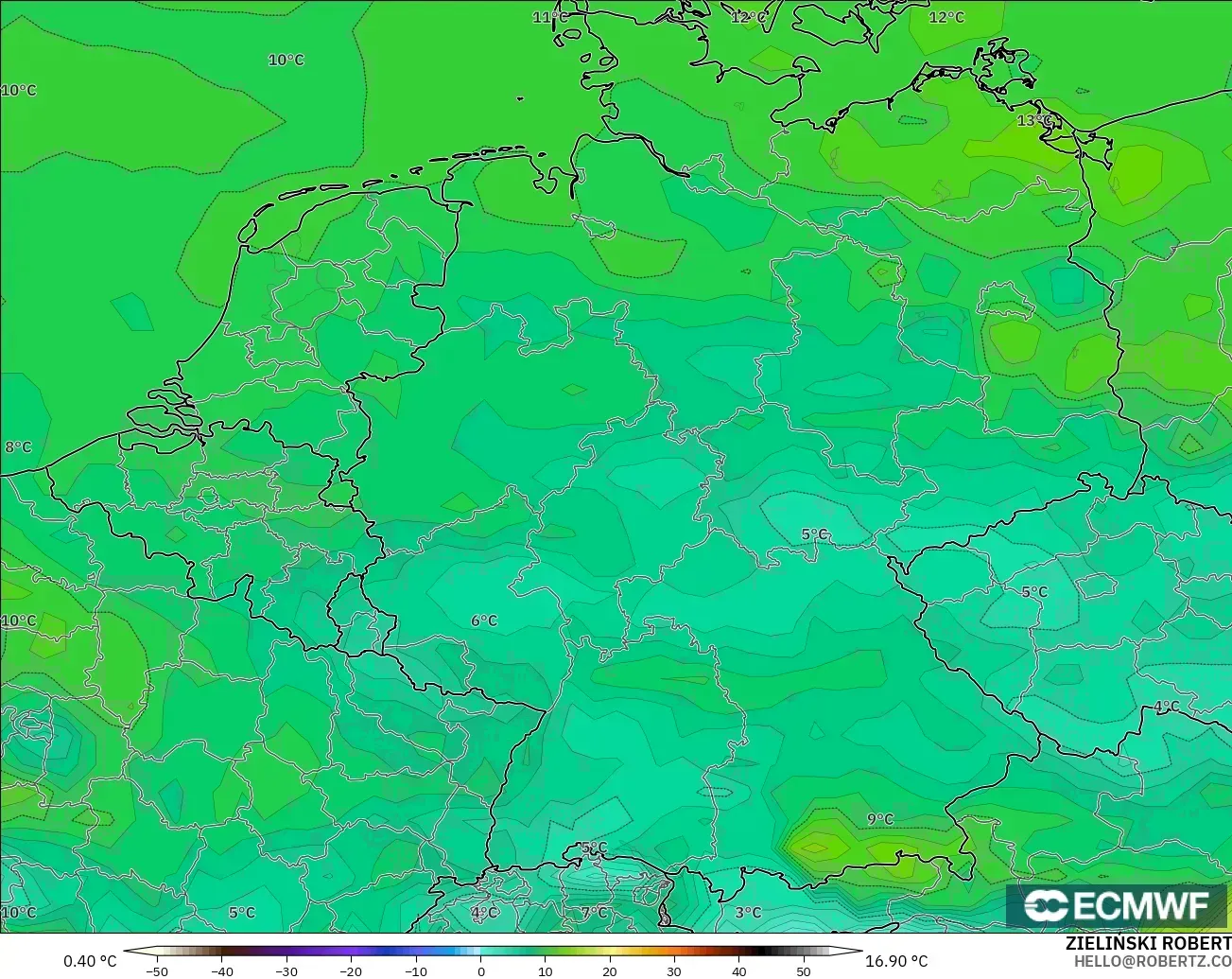 ECMWF IFS 0,25° modelo - Alemanha, Ponto de orvalho a 2 m