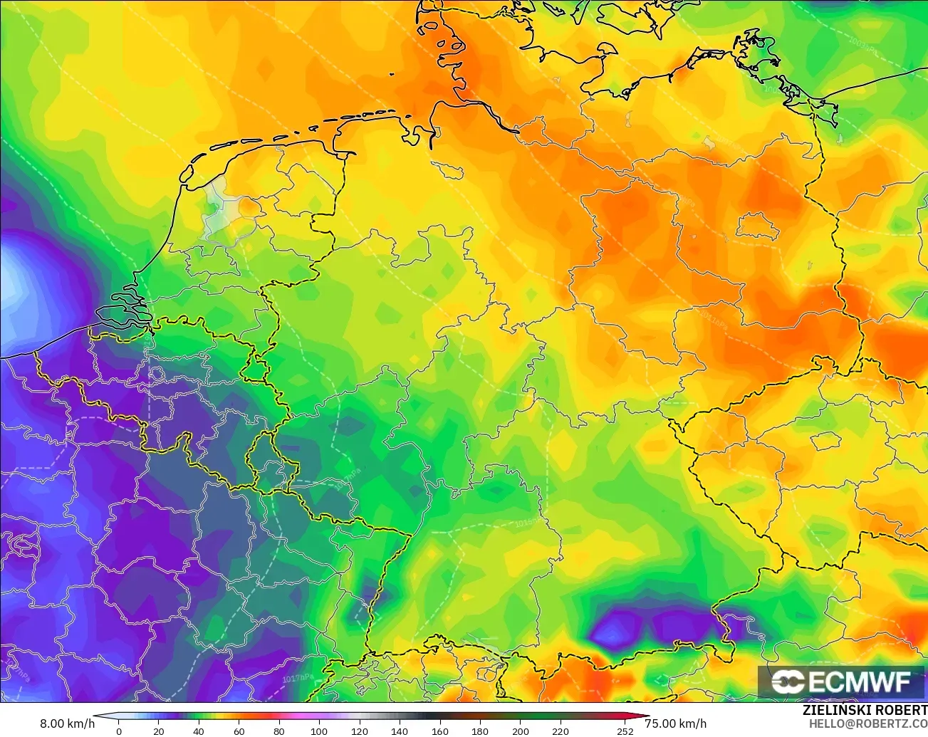 ECMWF IFS 0,25° modelo - Alemanha, Rajadas de vento
