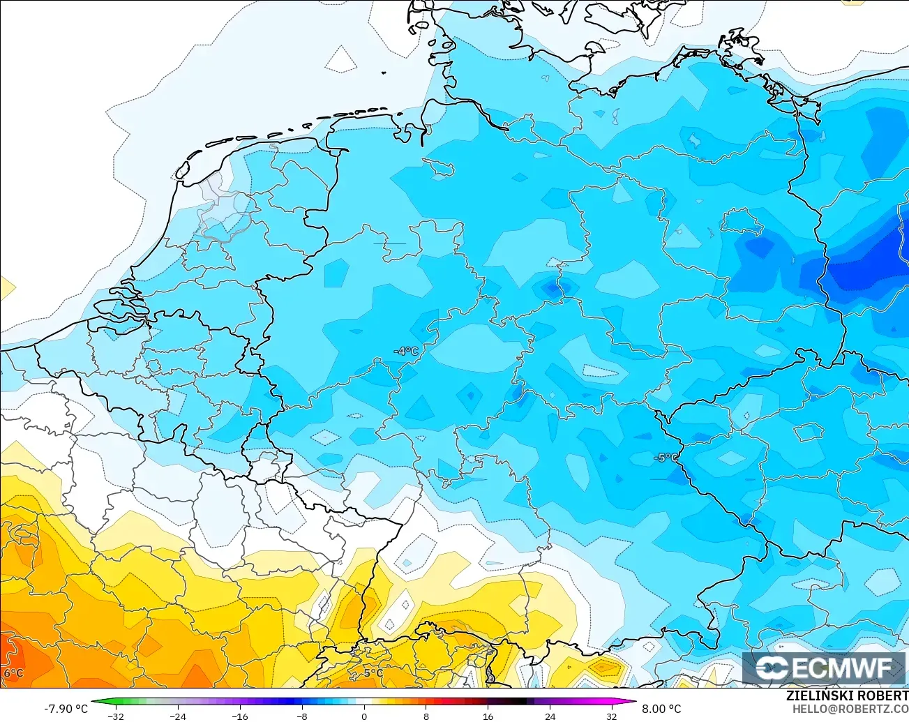 ECMWF IFS 0,25° modelo - Alemanha, Anomalia de temperatura a 2 m