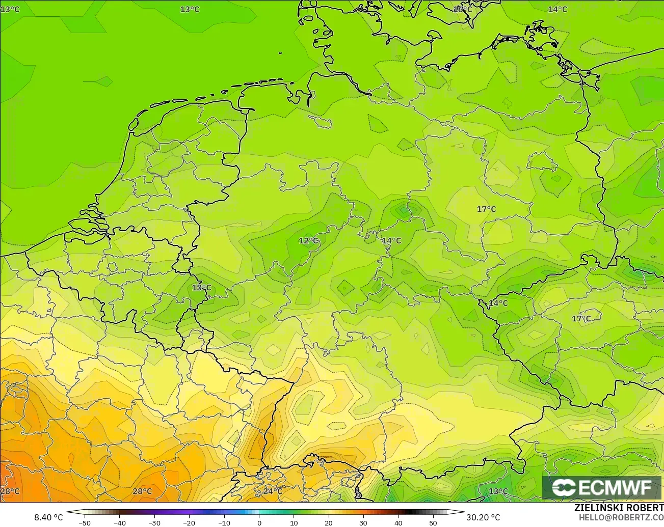 ECMWF IFS 0,25° modelo - Alemanha, Temperatura a 2 m