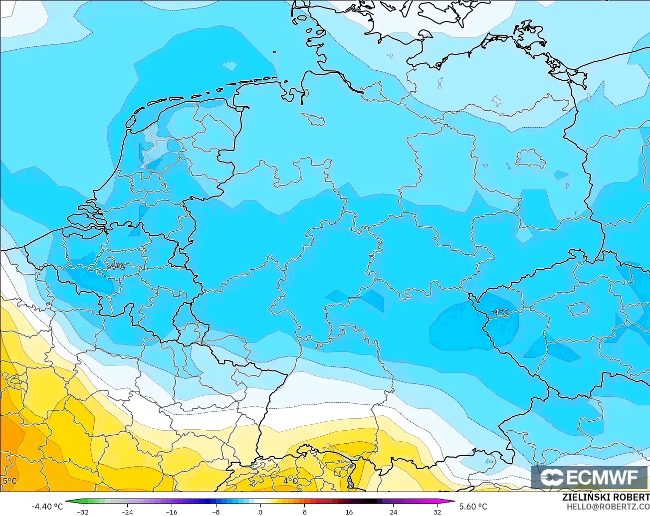 ECMWF IFS 0,25° modelo - Alemanha, Anomalia de temperatura a 850 hPa