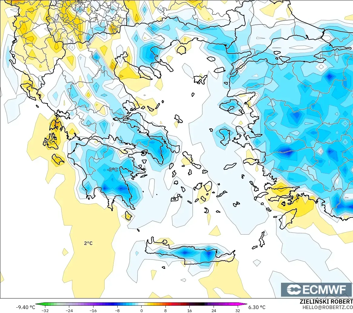 ECMWF IFS 0,25° modelo - Grécia, Anomalia de temperatura a 2 m