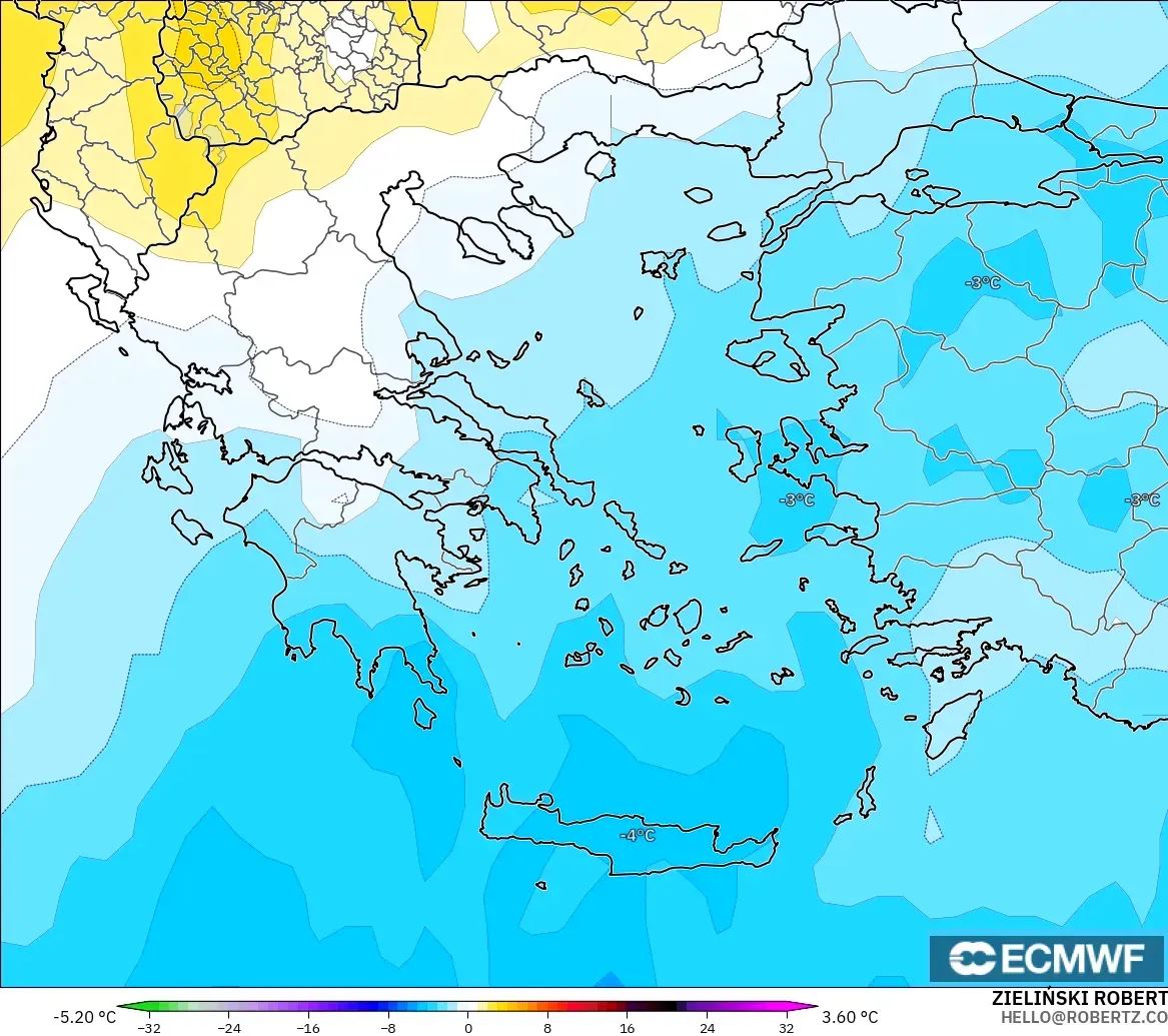 ECMWF IFS 0,25° modelo - Grécia, Anomalia de temperatura a 850 hPa