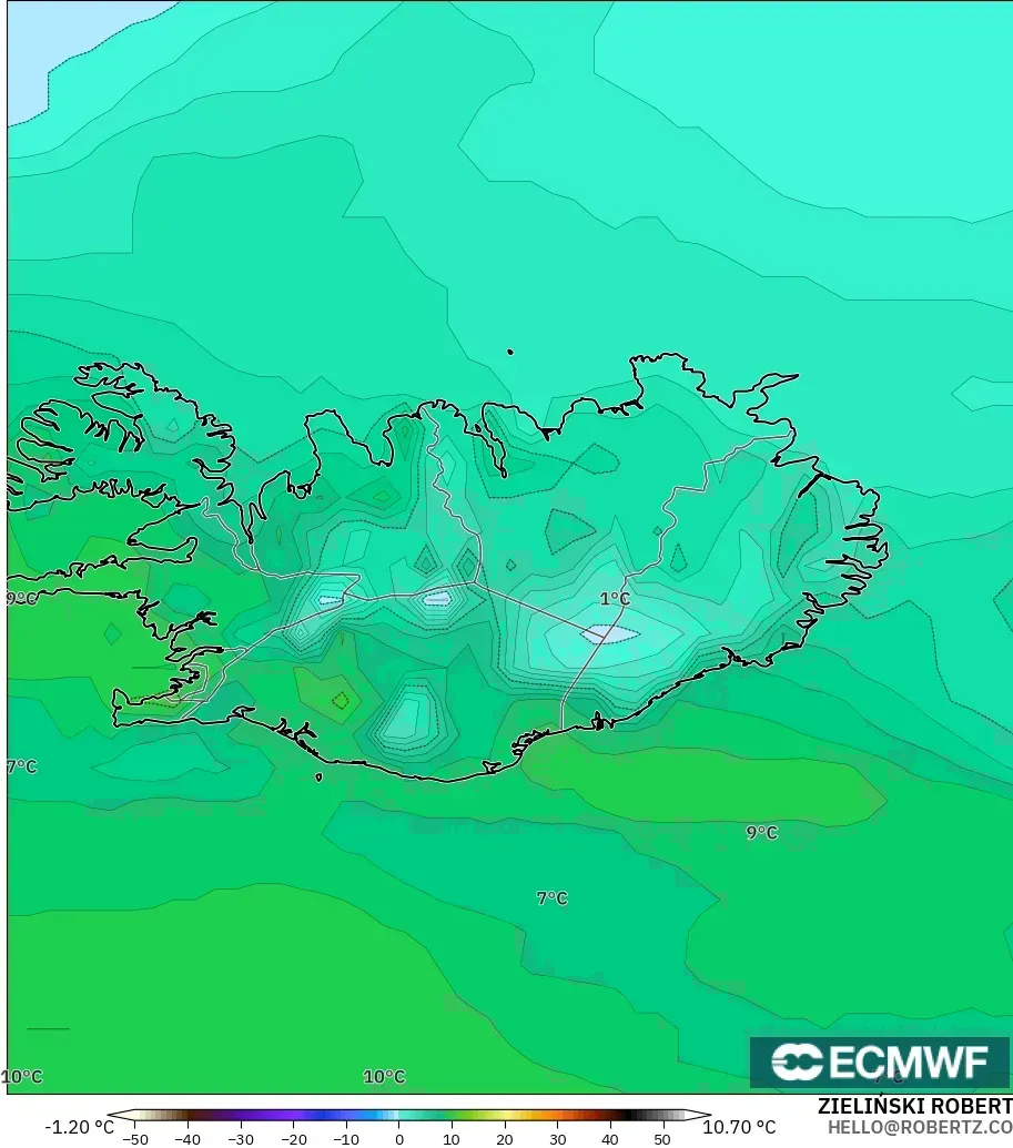 ECMWF IFS 0,25° modelo - Islândia, Ponto de orvalho a 2 m
