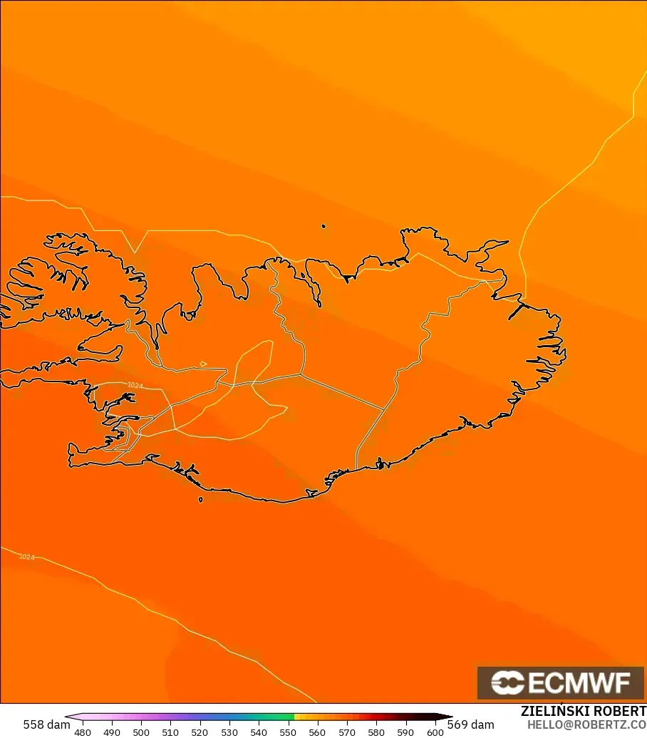 ECMWF IFS 0,25° modelo - Islândia, Altura geopotencial a 500 hPa